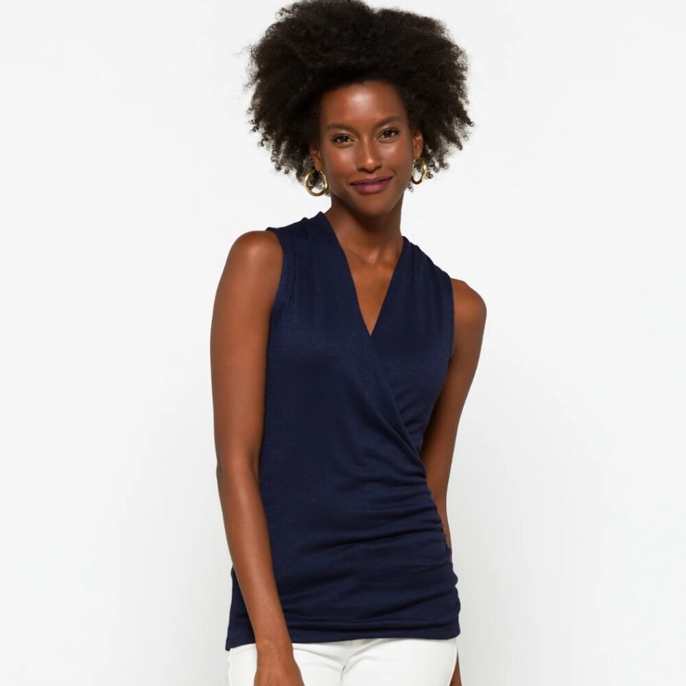 NWT 41 Hawthorn Navy Blue Wrap Front Ruched Knit Sleeveless Top